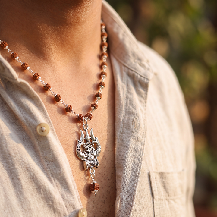 Om Shiva Trishul with Damroo Pendant Rudraksha Necklace – 54 Beads Gold-Capped Spiritual Mala for Meditation, Protection, and Daily Wear