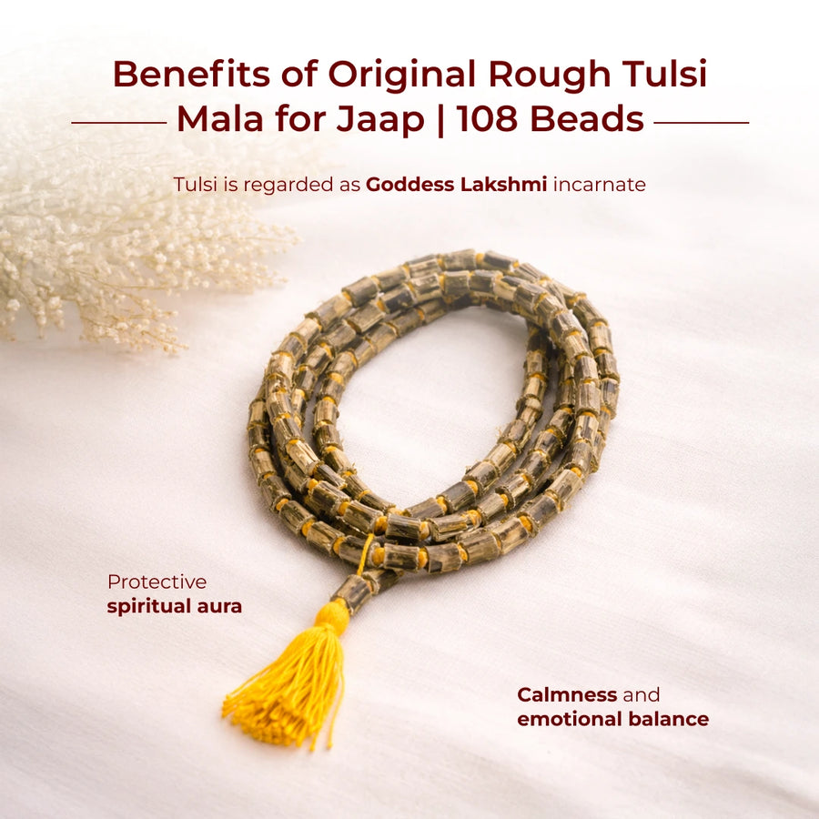 Original Vrindavan Rough Tulsi Mala (108+1 Beads) with Yellow Tassel – Handcrafted Raw Holy Basil Wood Rosary for Mantra Japa & Meditation