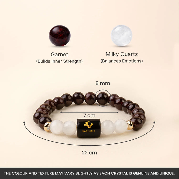 Makar (Capricorn) Rashi - Zodiac Healing Crystal Bracelet with Pyrite, Garnet, Smoky Quartz, Amethyst, Moonstone & Evil Eye for Career Success, Ambition & Protection