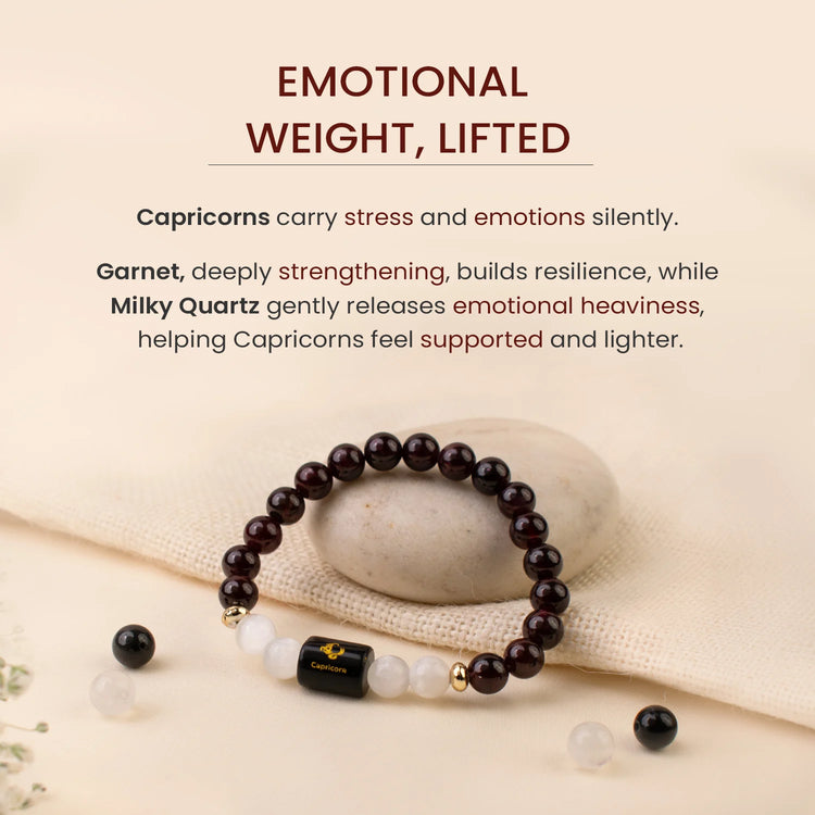 Makar (Capricorn) Rashi - Zodiac Healing Crystal Bracelet with Pyrite, Garnet, Smoky Quartz, Amethyst, Moonstone & Evil Eye for Career Success, Ambition & Protection