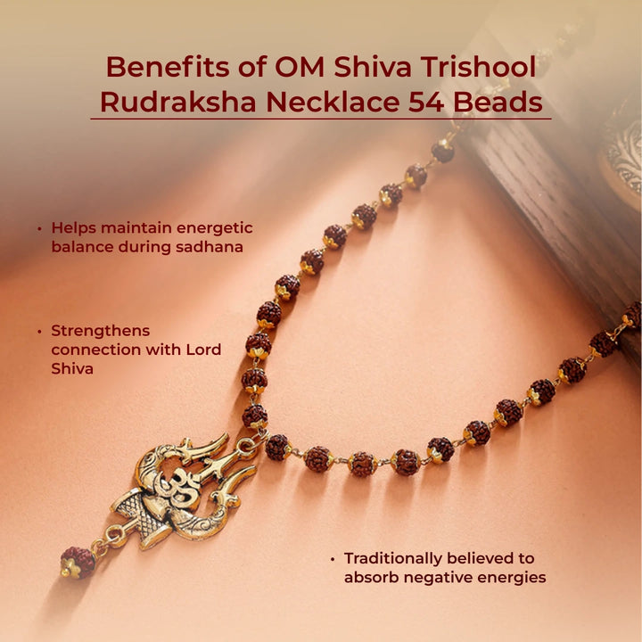 Om Shiva Trishul with Damroo Pendant Rudraksha Necklace – 54 Beads Gold-Capped Spiritual Mala for Meditation, Protection, and Daily Wear