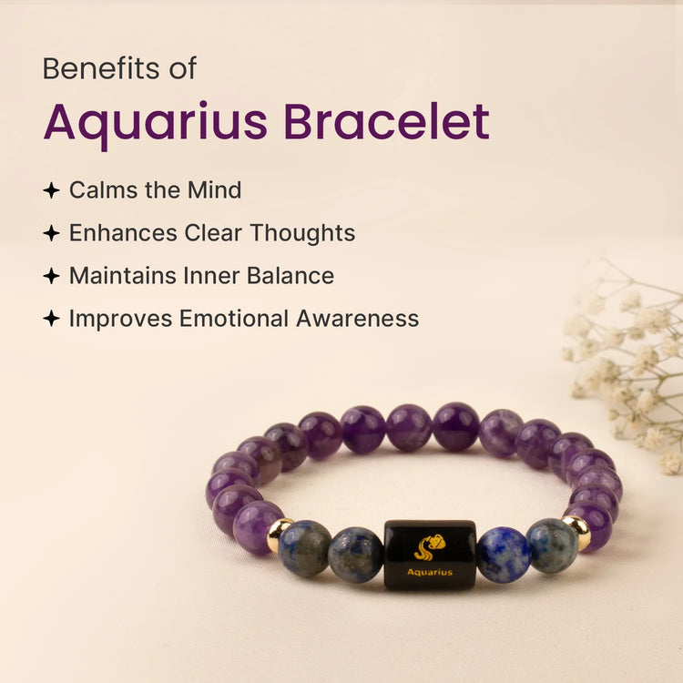 Kumbh (Aquarius) Rashi Crystal Bracelet-Zodiac Healing Bracelet: Amethyst, Fluorite, Aquamarine & Evil Eye Protection