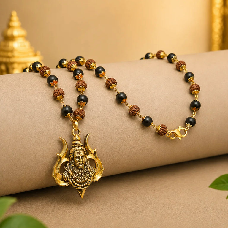 Gold Plated Karungali Ebony Wood & Rudraksha Mala with Lord Mahashiva Trishul Pendant for Men & Women
