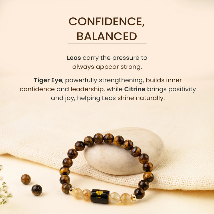 Simha (Leo) Rashi -Zodiac Healing Crystal Bracelet with Tiger’s Eye, Carnelian, Pyrite & Evil Eye for Courage, Success & Protection