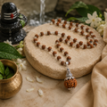 Silver-Plated Rudraksha Mala with Meditating Lord Shiva Pendant & Large Focal Bead