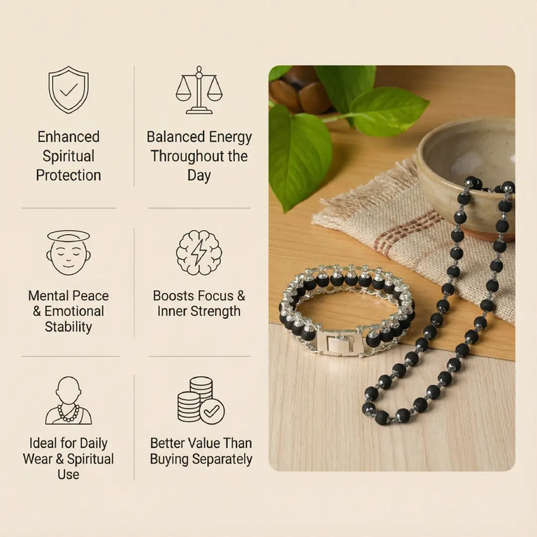 Original Karungali Mala and Bracelet Combo Set with Pure Silver Capping – Natural Ebony Wood Spiritual Jewelry Set for Men & Women