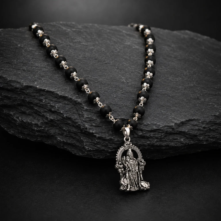 Original Karungali Mala with Pure Silver Capping & Lord Murugan Pendant | Natural Black Ebony Wood Chain for Men & Women