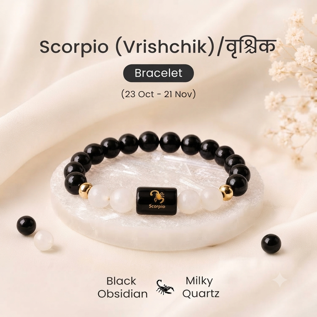 Vrishchika (Scorpio) Rashi Healing Crystal Bracelet with Black Obsidian, Garnet, Labradorite, Rose Quartz & Evil Eye for Passion, Intuition & Protection