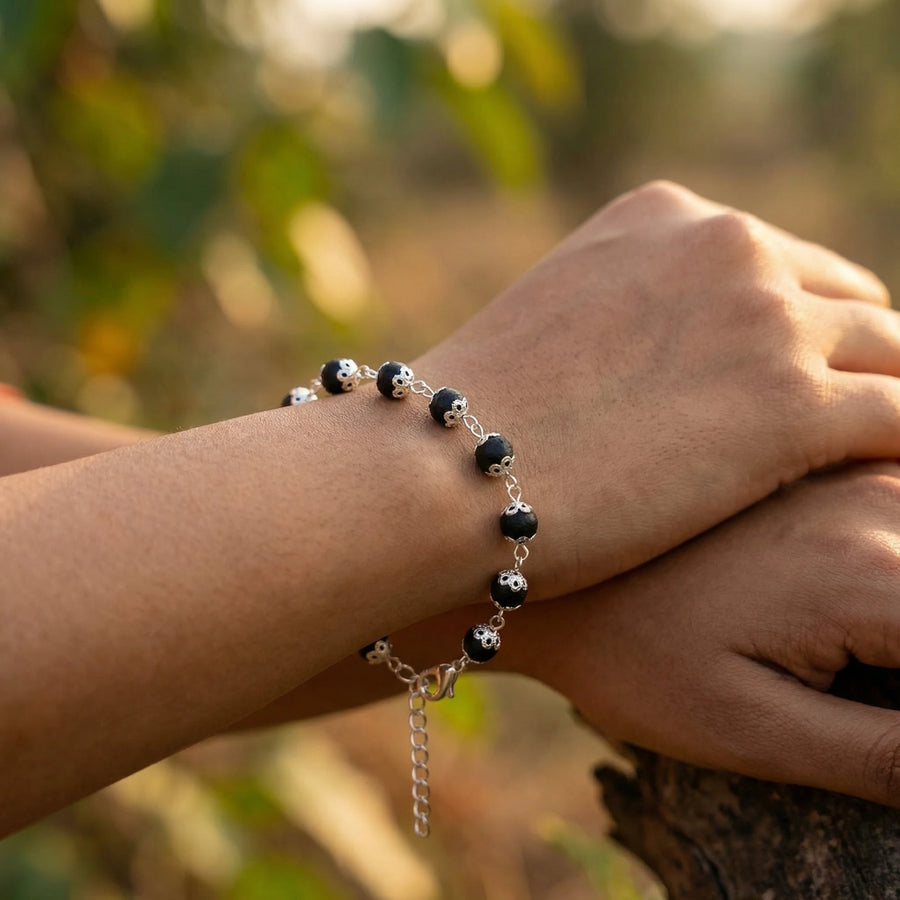Silver Capped Original Karungali Bead Bracelet with Adjustable Chain