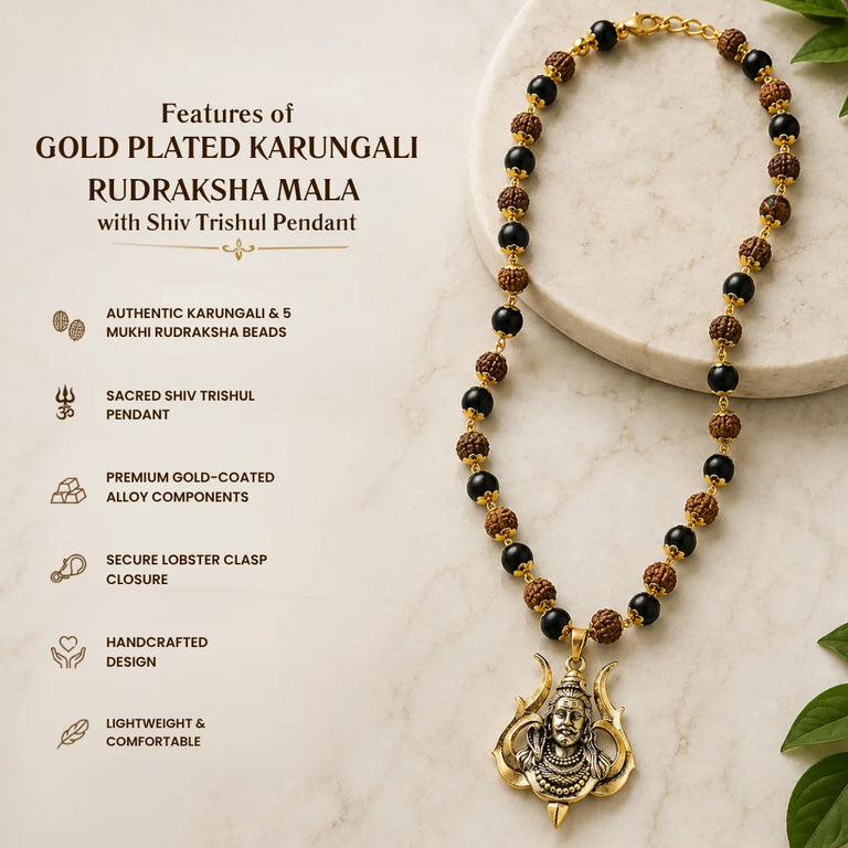 Gold Plated Karungali Ebony Wood & Rudraksha Mala with Lord Mahashiva Trishul Pendant for Men & Women