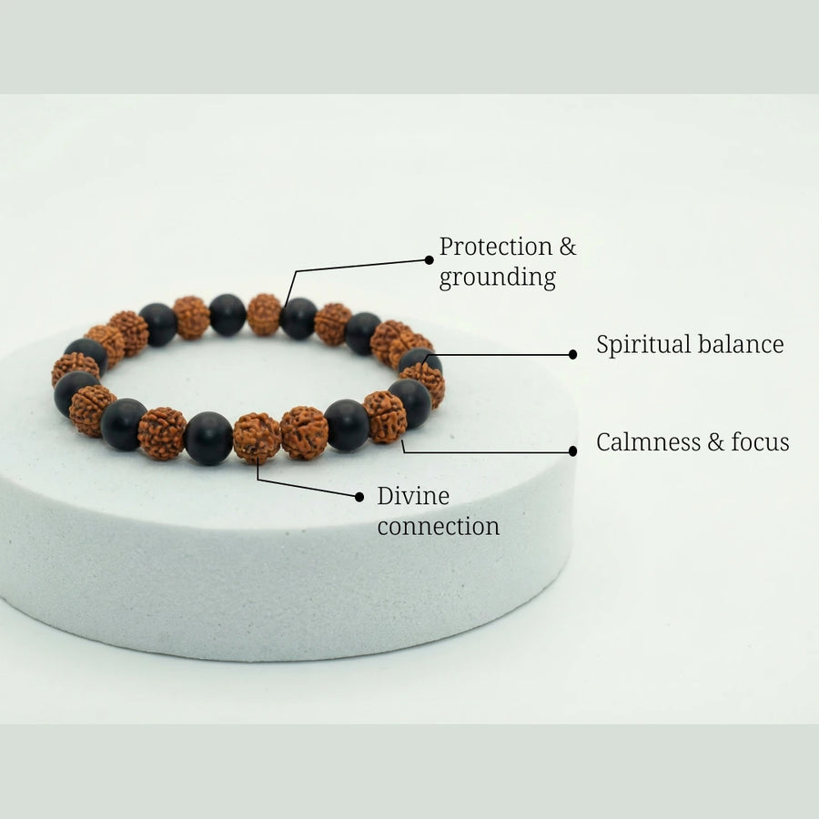 Original Natural Rudraksha & Karungali Wood Bracelet for Men and Women – Authentic Panchamukhi & Ebony Beads for Positive Energy, Protection & Focus