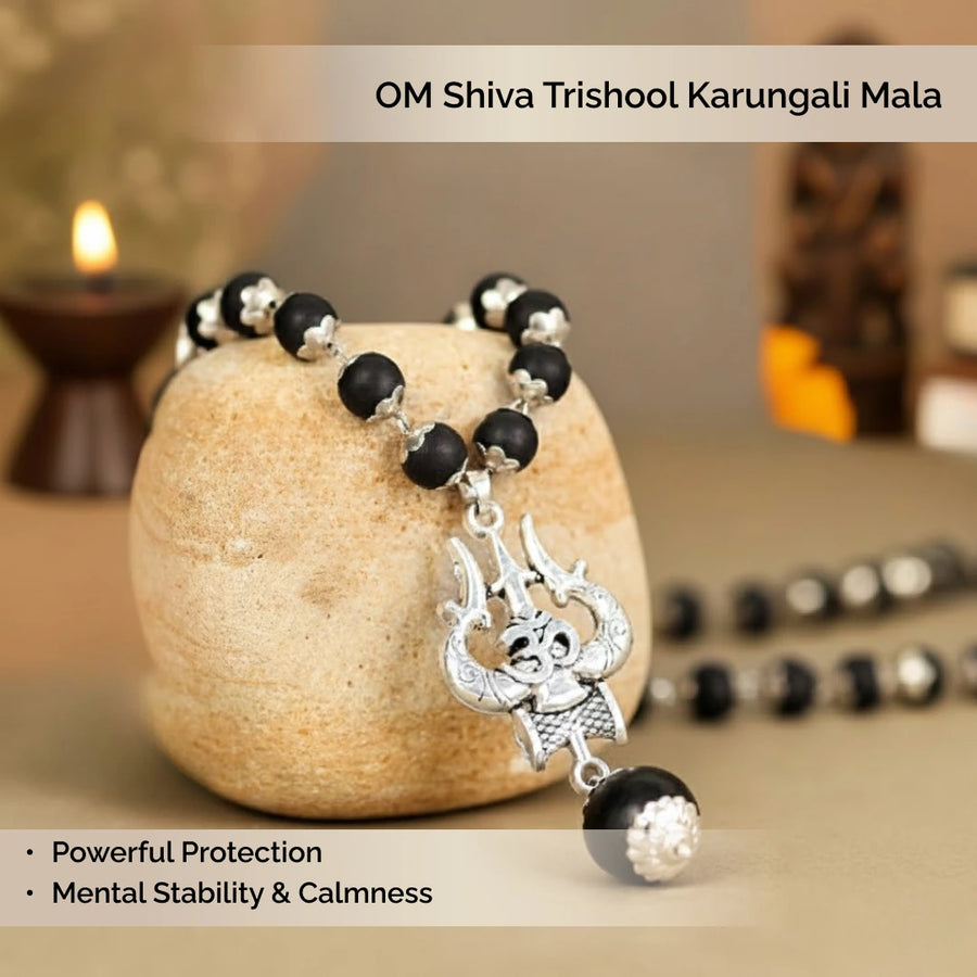 Original Karungali Malai with Silver-Capped Om Shiva Trishul Pendant Mala for Men & Women)