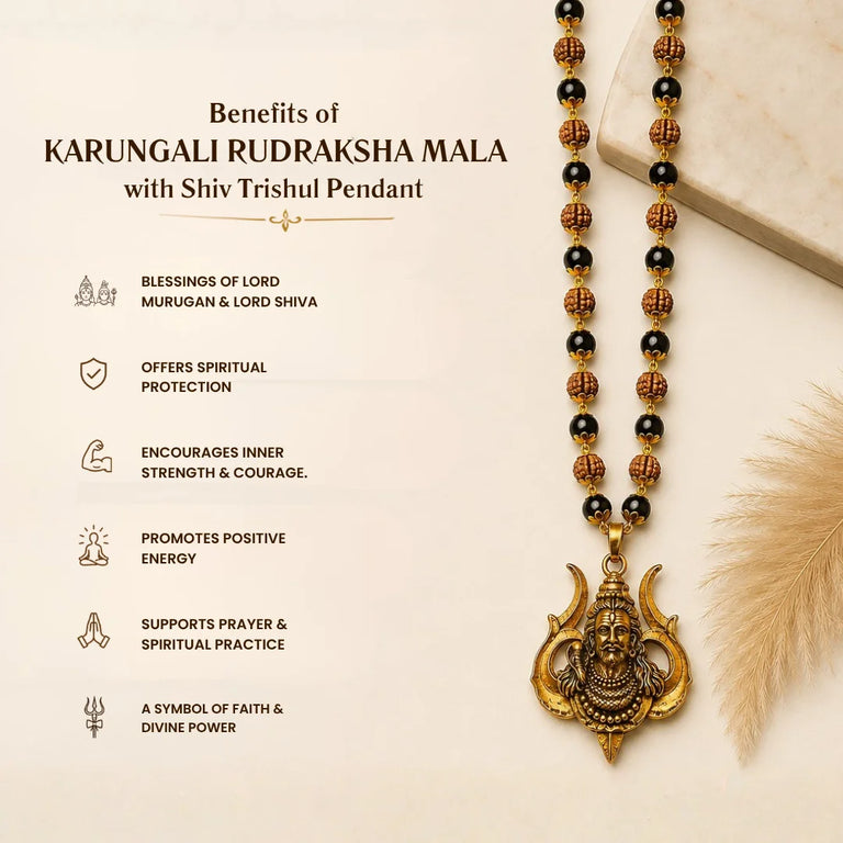 Gold Plated Karungali Ebony Wood & Rudraksha Mala with Lord Mahashiva Trishul Pendant for Men & Women