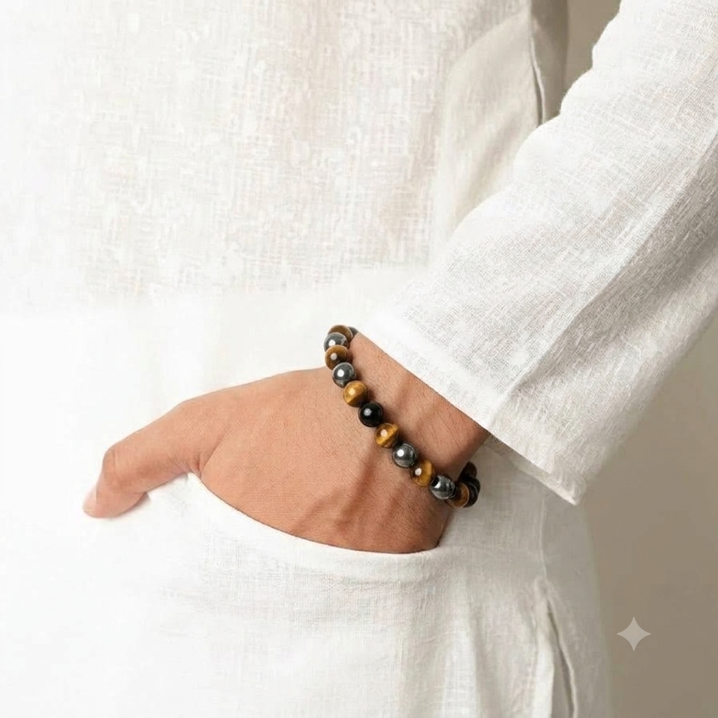 Triple Protection Bracelet – Natural Tiger Eye, Black Obsidian & Hematite Beads | Handcrafted Gemstone Protection Bracelet for Men & Women