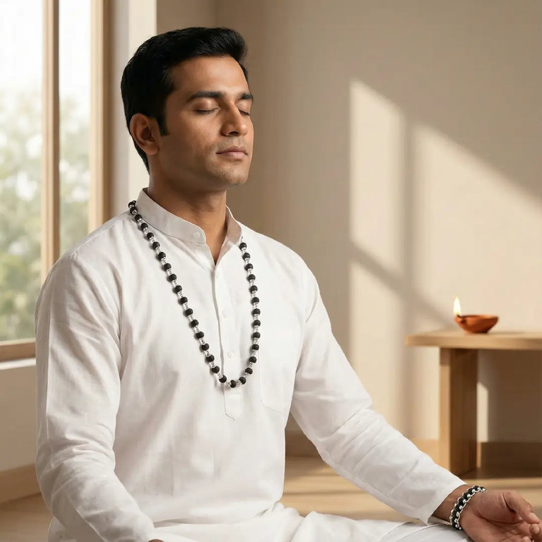 Original Karungali Mala and Bracelet Combo Set with Pure Silver Capping – Natural Ebony Wood Spiritual Jewelry Set for Men & Women