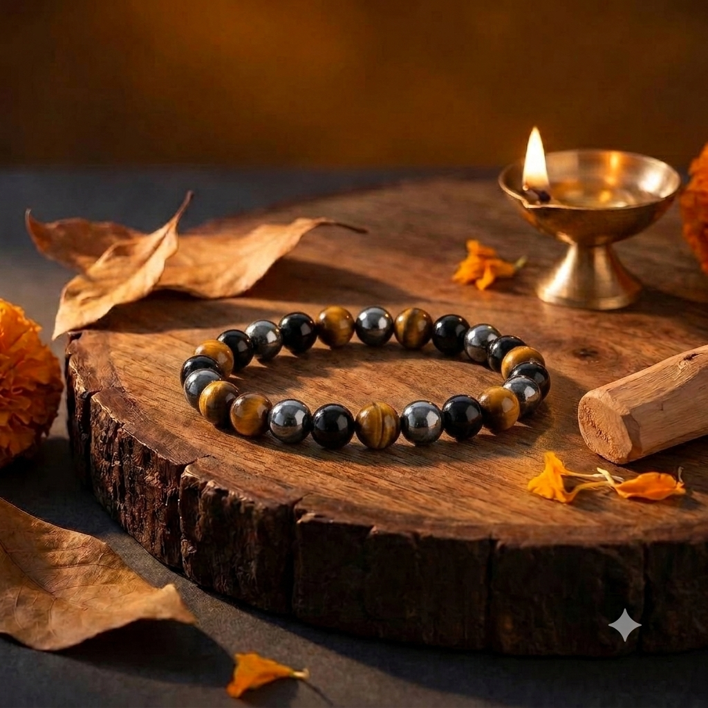 Triple Protection Bracelet – Natural Tiger Eye, Black Obsidian & Hematite Beads | Handcrafted Gemstone Protection Bracelet for Men & Women