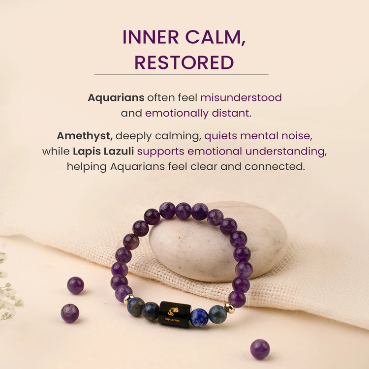 Kumbh (Aquarius) Rashi Crystal Bracelet-Zodiac Healing Bracelet: Amethyst, Fluorite, Aquamarine & Evil Eye Protection