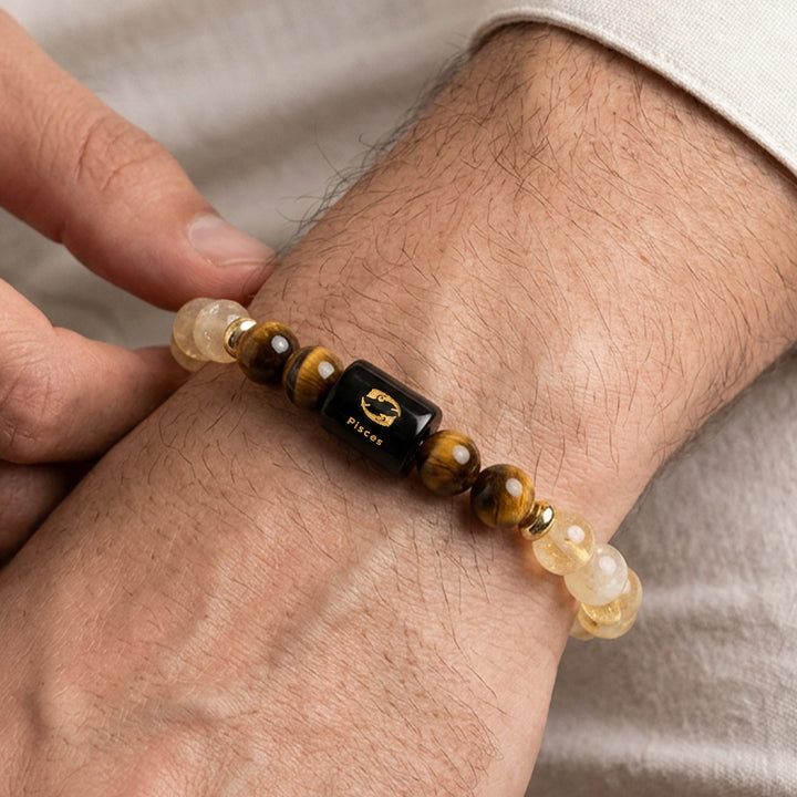 Meen (Pisces) Rashi Crystal Bracele-Natural Amethyst, Aquamarine & Obsidian for Intuition, Calm & Positivity