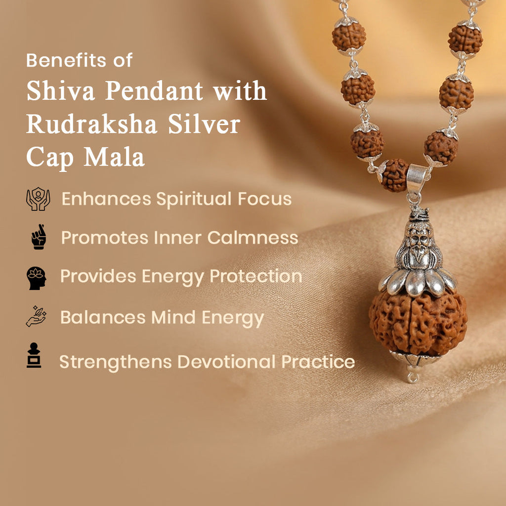 Silver-Plated Rudraksha Mala with Meditating Lord Shiva Pendant & Large Focal Bead