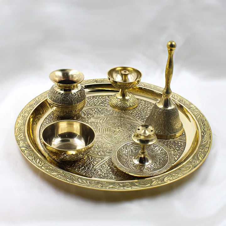 Artisanal Engraved Brass Pooja Thali Set – 6-Piece Traditional Mandir Ritual Set