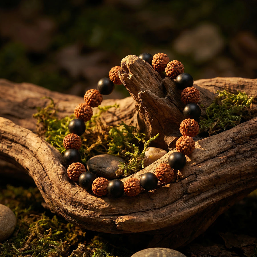 Original Natural Rudraksha & Karungali Wood Bracelet for Men and Women – Authentic Panchamukhi & Ebony Beads for Positive Energy, Protection & Focus