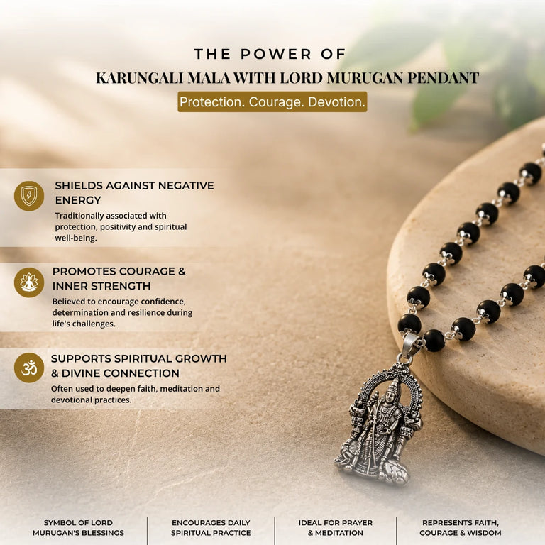 Original Karungali Mala with Pure Silver Capping & Lord Murugan Pendant | Natural Black Ebony Wood Chain for Men & Women