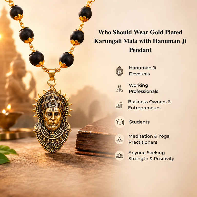 Original Karungali Mala with Antique Gold-Plated Hanuman Ji Pendant | Ebony Wood Beads Chain with Om Engraving for Protection & Strength (Men & Women)
