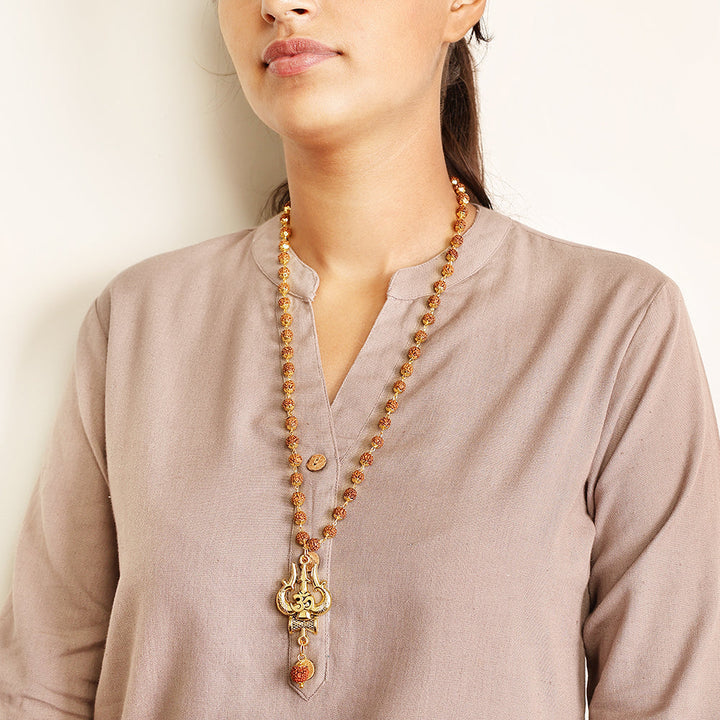 Om Shiva Trishul with Damroo Pendant Rudraksha Necklace – 54 Beads Gold-Capped Spiritual Mala for Meditation, Protection, and Daily Wear