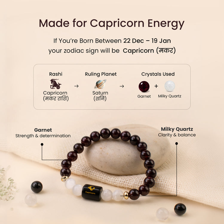 Makar (Capricorn) Rashi - Zodiac Healing Crystal Bracelet with Pyrite, Garnet, Smoky Quartz, Amethyst, Moonstone & Evil Eye for Career Success, Ambition & Protection