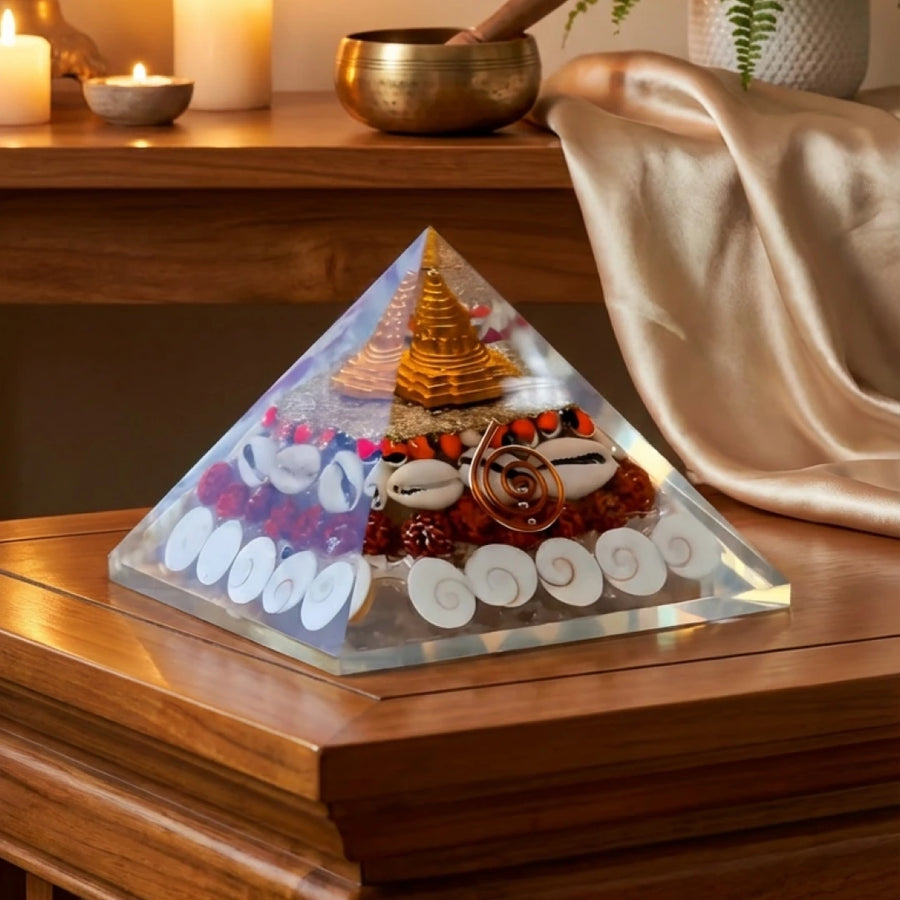 Maa Laxmi Dhan Pyramid with Shree Yantra, Gomti Chakra, White Kaudi & Copper Coil for Wealth, Prosperity & Vastu Correction