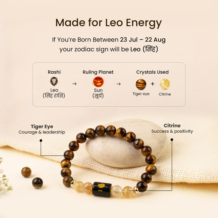 Simha (Leo) Rashi -Zodiac Healing Crystal Bracelet with Tiger’s Eye, Carnelian, Pyrite & Evil Eye for Courage, Success & Protection