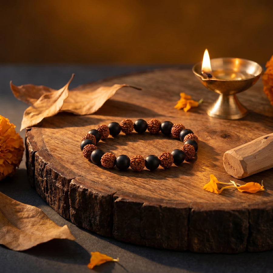 Original Natural Rudraksha & Karungali Wood Bracelet for Men and Women – Authentic Panchamukhi & Ebony Beads for Positive Energy, Protection & Focus