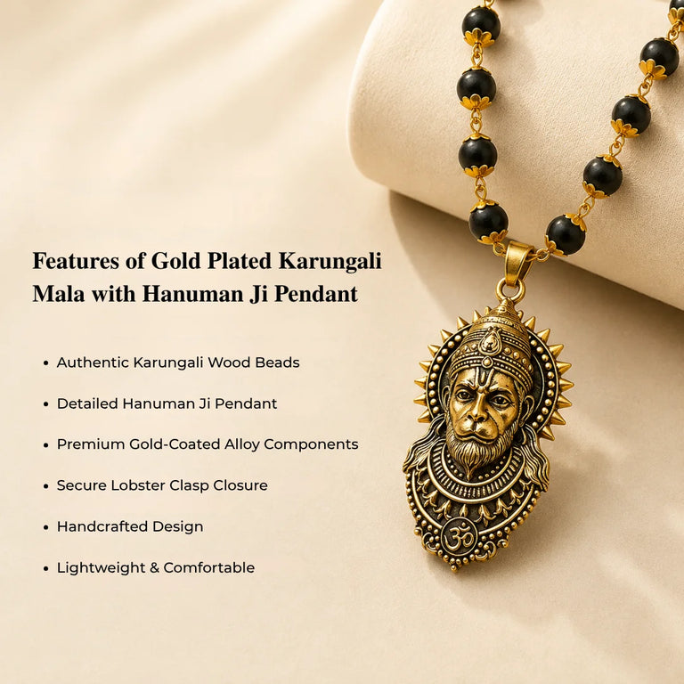 Original Karungali Mala with Antique Gold-Plated Hanuman Ji Pendant | Ebony Wood Beads Chain with Om Engraving for Protection & Strength (Men & Women)