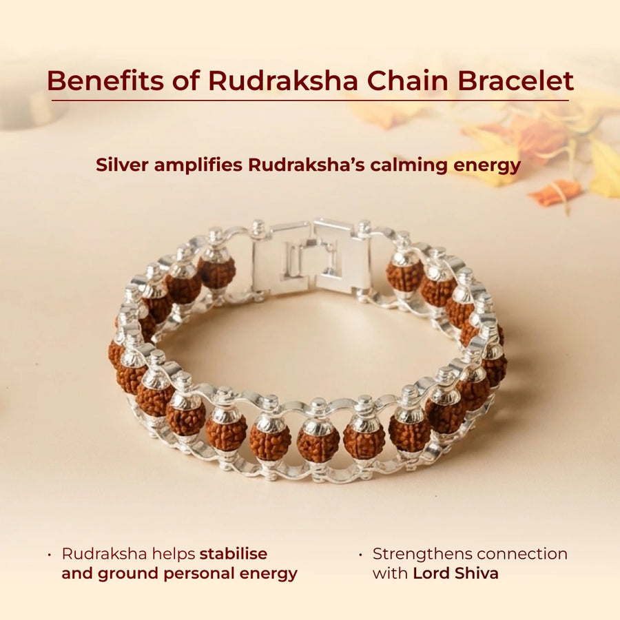 Pure Silver & Gold-Plated Rudraksha Link Chain Bracelets with Fold-Over Clasp for Men & Women – Durable & Stylish Everyday Wear