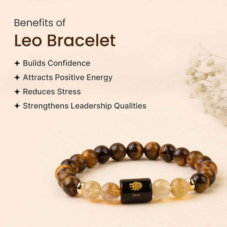Simha (Leo) Rashi -Zodiac Healing Crystal Bracelet with Tiger’s Eye, Carnelian, Pyrite & Evil Eye for Courage, Success & Protection