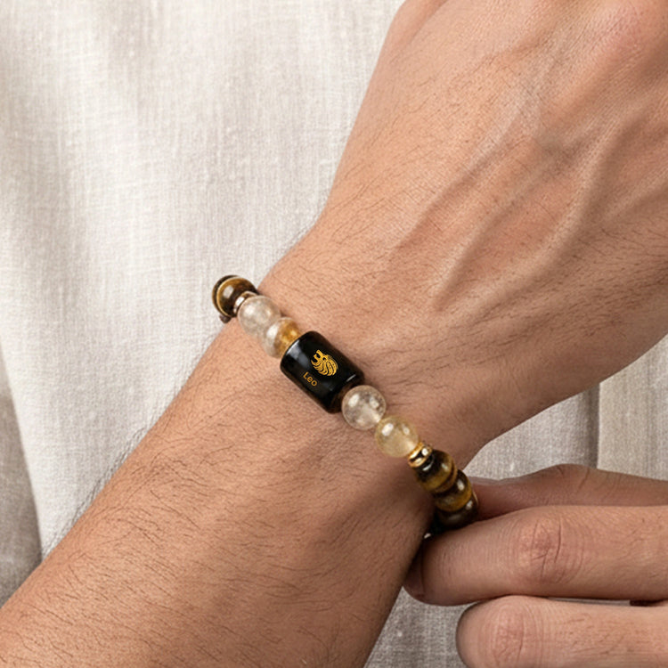 Simha (Leo) Rashi -Zodiac Healing Crystal Bracelet with Tiger’s Eye, Carnelian, Pyrite & Evil Eye for Courage, Success & Protection