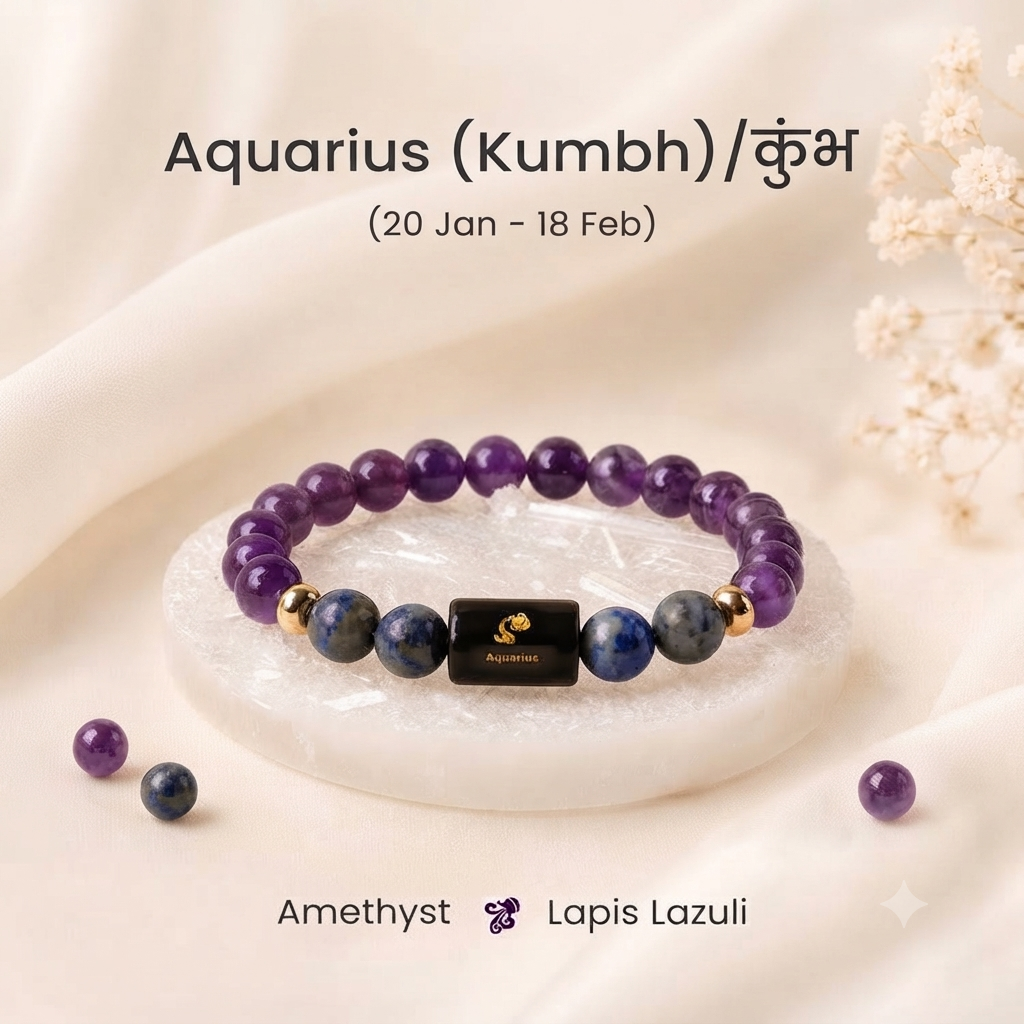 Kumbh (Aquarius) Rashi Crystal Bracelet-Zodiac Healing Bracelet: Amethyst, Fluorite, Aquamarine & Evil Eye Protection