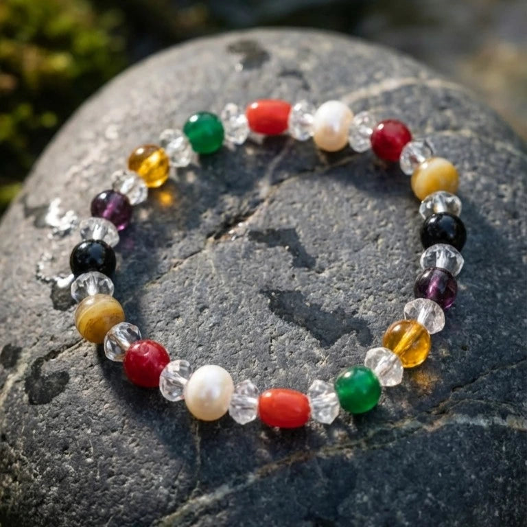 Authentic Navaratna Gemstone Bracelet – 9 Planetary Healing Crystals with Clear Quartz Spacers (Stretch Fit)