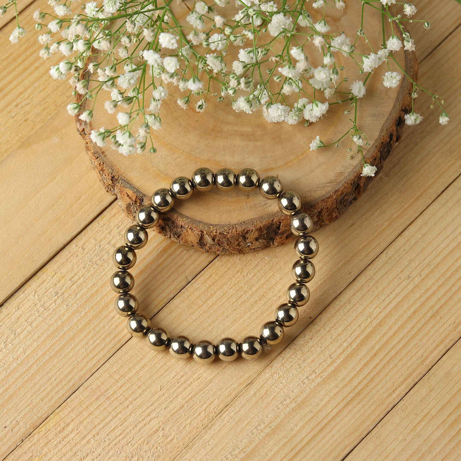 Natural Golden Pyrite Wealth Bracelet (8mm Beads) – Certified "Fool’s Gold" Money Magnet Healing Crystal for Prosperity, Abundance & Success – Unisex Stretch Bracelet