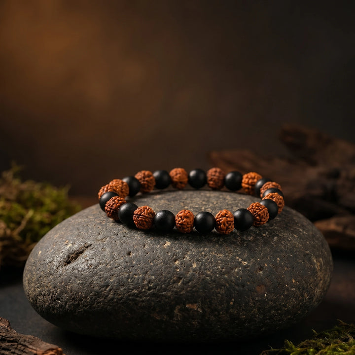 Original Natural Rudraksha & Karungali Wood Bracelet for Men and Women – Authentic Panchamukhi & Ebony Beads for Positive Energy, Protection & Focus