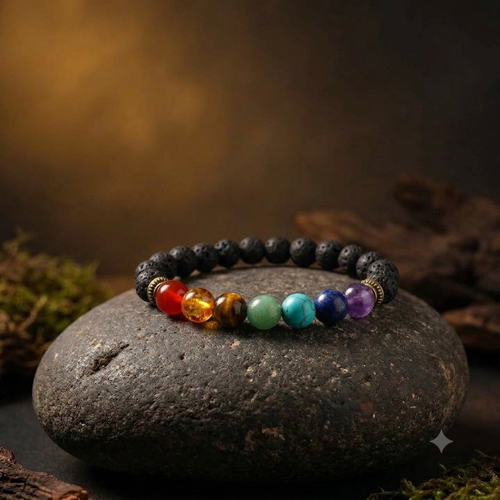 Original 7 Chakra Healing Crystal Bracelet with Volcanic Lava Beads | Stretchable Unisex Energy Alignment & Aromatherapy Diffuser Bracelet
