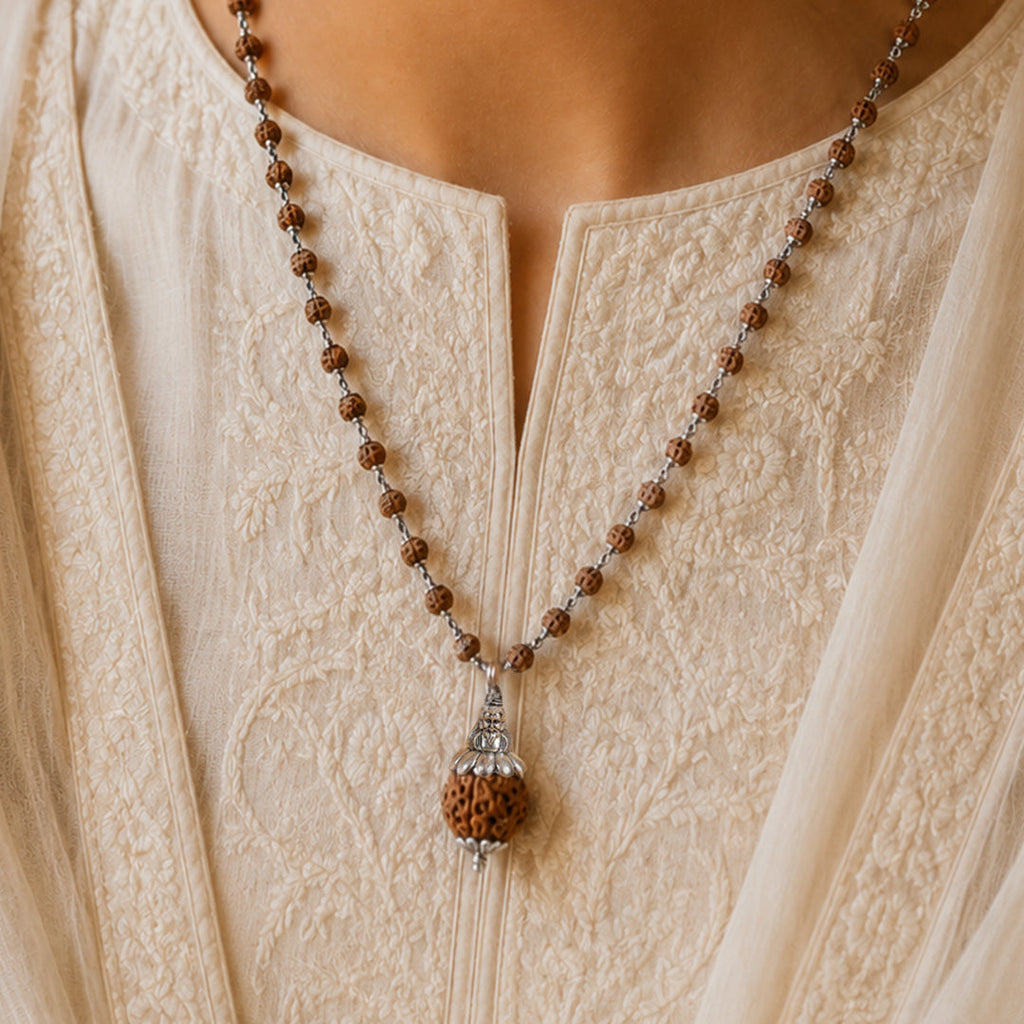 Silver-Plated Rudraksha Mala with Meditating Lord Shiva Pendant & Large Focal Bead