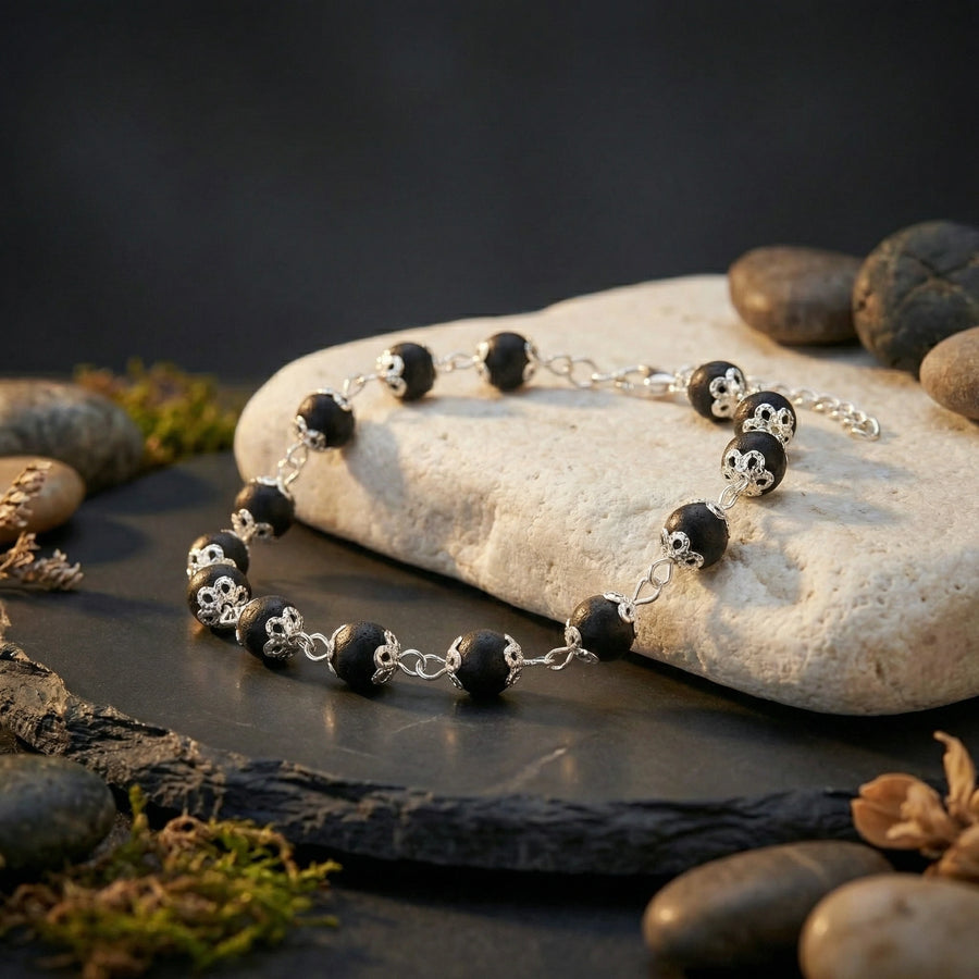 Silver Capped Original Karungali Bead Bracelet with Adjustable Chain