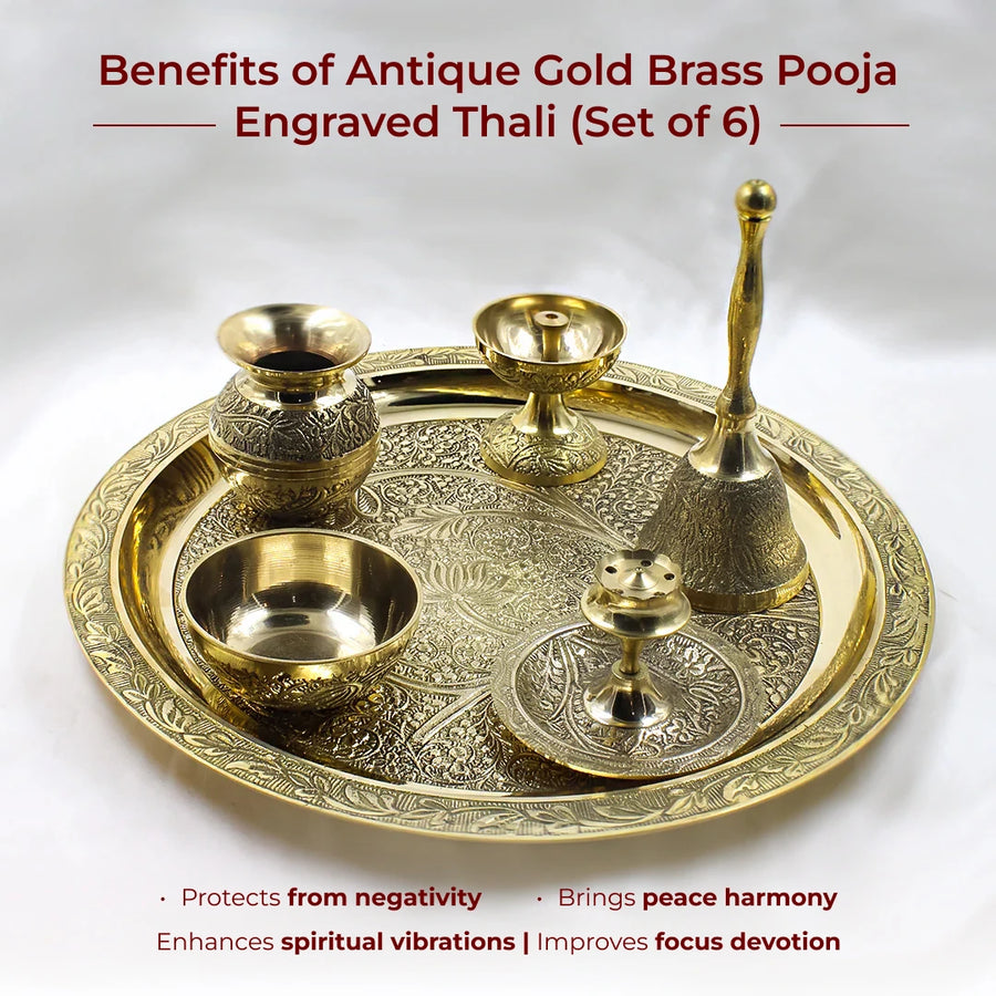 Artisanal Engraved Brass Pooja Thali Set – 6-Piece Traditional Mandir Ritual Set
