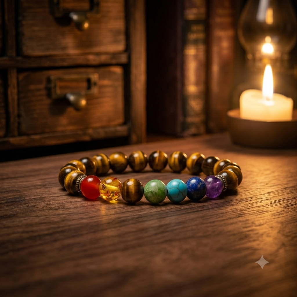 Natural Tiger Eye & 7 Chakra Healing Crystal Stone Bracelet for Men & Women-Protection, Grounding & Inner Balance