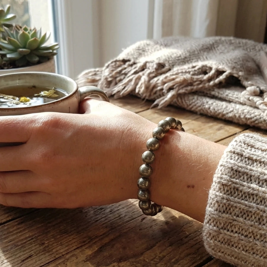 Natural Pyrite Beaded Bracelet – 8mm Genuine Fool’s Gold Stone Beads for Wealth, Abundance & Protection – Unisex Stretch Bracelet