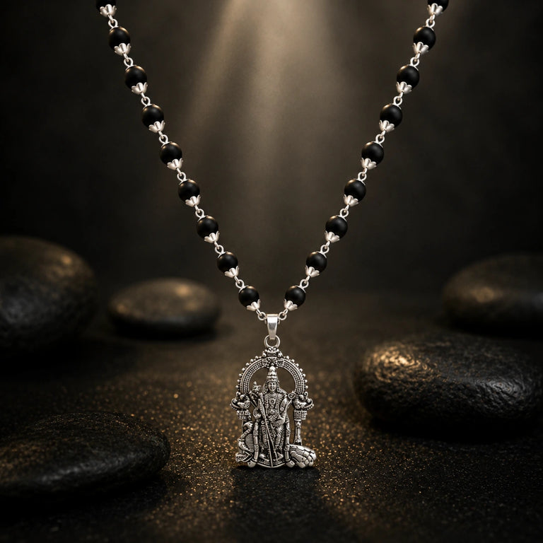 Original Karungali Mala with Pure Silver Capping & Lord Murugan Pendant | Natural Black Ebony Wood Chain for Men & Women