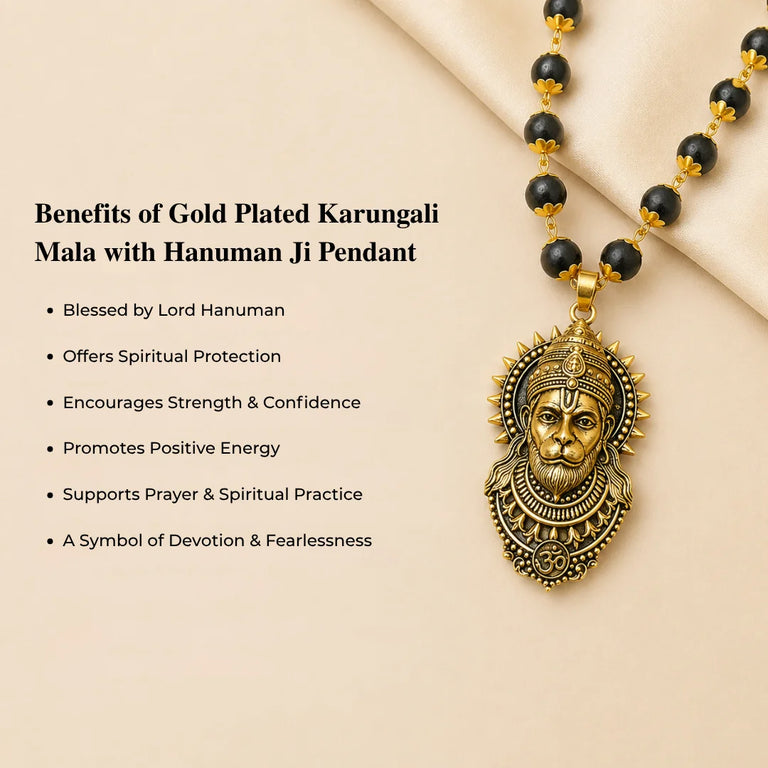 Original Karungali Mala with Antique Gold-Plated Hanuman Ji Pendant | Ebony Wood Beads Chain with Om Engraving for Protection & Strength (Men & Women)