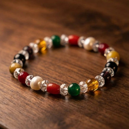 Authentic Navaratna Gemstone Bracelet – 9 Planetary Healing Crystals with Clear Quartz Spacers (Stretch Fit)