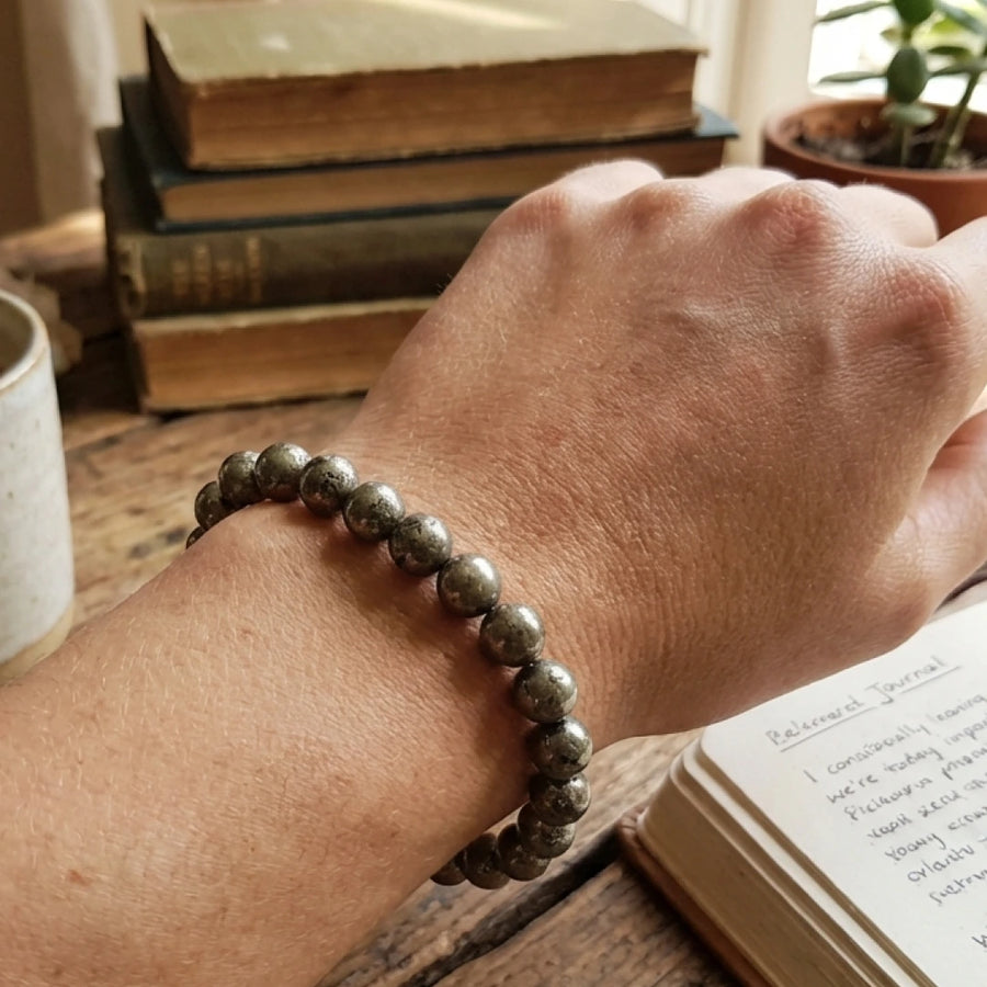 Natural Pyrite Beaded Bracelet – 8mm Genuine Fool’s Gold Stone Beads for Wealth, Abundance & Protection – Unisex Stretch Bracelet